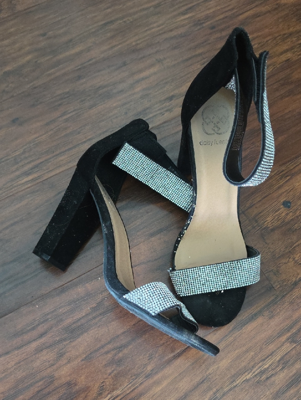Daisy Fuentes Black Suede Block Heels with Rhinestone Straps